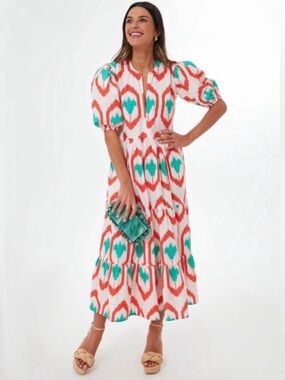 Oliphant Odisha Coral & Teal Puff-Sleeve Maxi Dress EUC Sz XS Wedding Guest Boho
